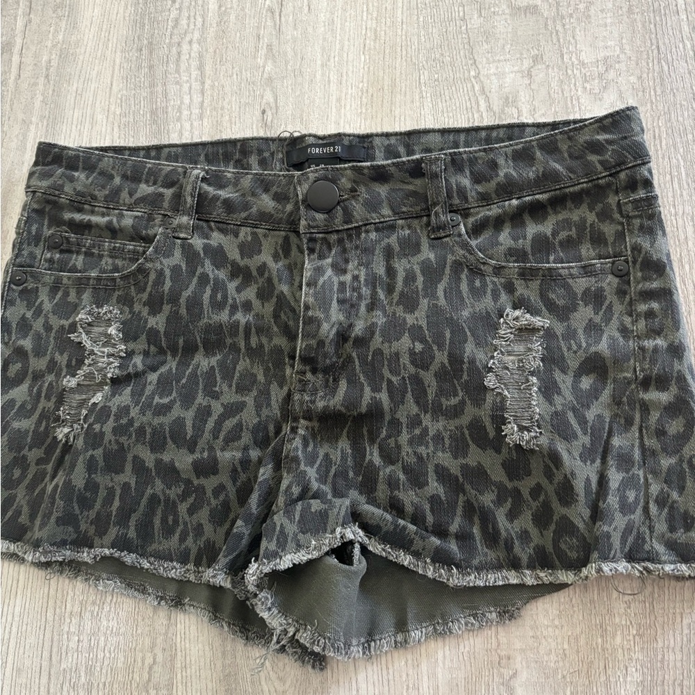 Forever 21 Gray Jean Shorts with Leopard Print